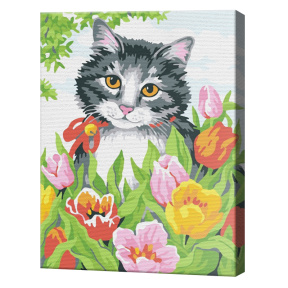 Motan printre lalele 20x30 cm, pictură pe numere