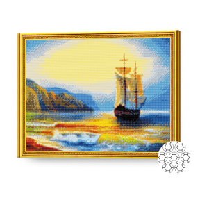 Corabie lângă mal, 40x50 cm, mozaic cu diamante