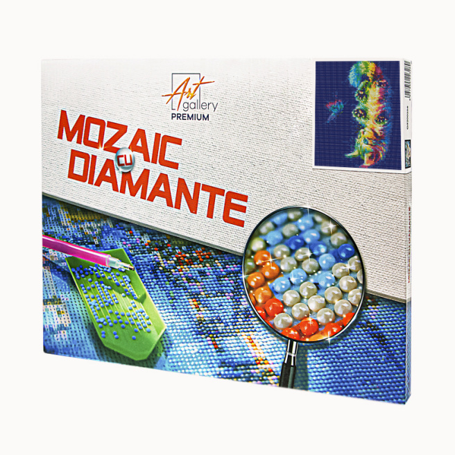 Motănaș și fluture neon, 30x40 cm, mozaic cu diamante