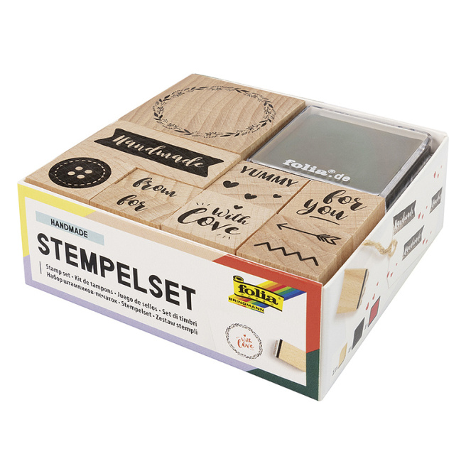 Set de ștampile "Handmade", lemn, ștampile + pernute cu cerneală 12 elemente (10+2)