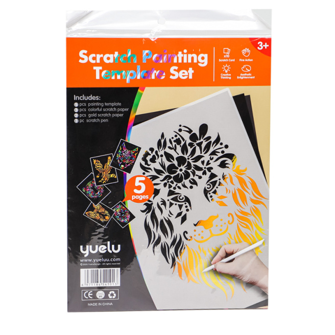 Set de scratching art cu șabloane: Animale sălbatice, Leu, Tigru, Vulpe