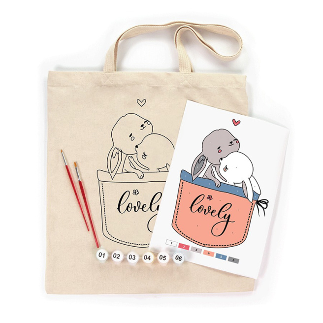 Set de pictat, Eco shopper, „Cute bunnies”, bumbac 220 g/m2, 38x42 cm, ROSA Talent