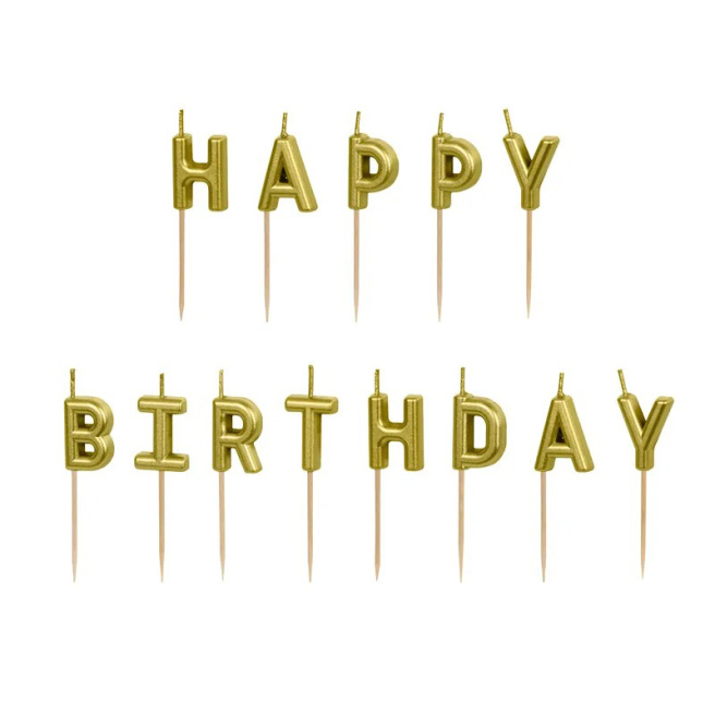 Lumânări pentru tortă Happy Birthday, aur, 2,5 cm