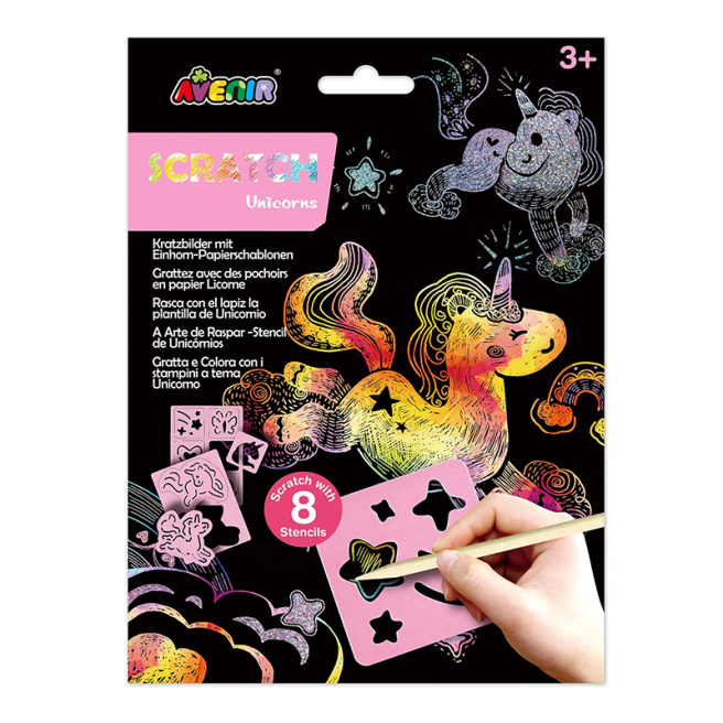 Set pentru scratching cu șablon: Unicorni