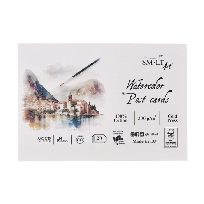Cărți poștale pentru acuarelă 150x105 mm, 20 file, 300 g/m2, 100% bumbac, presare la rece
