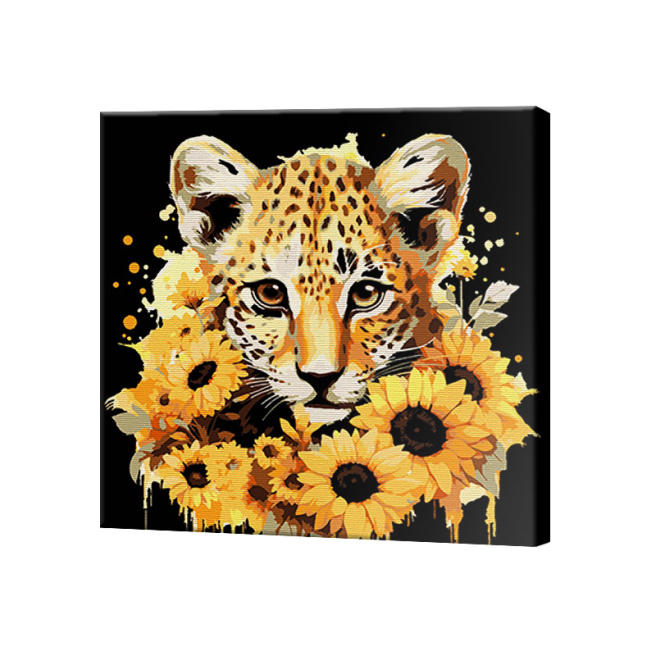 Leopard și floarea soarelui, 30x30 cm Black Eco, pictură pe numere