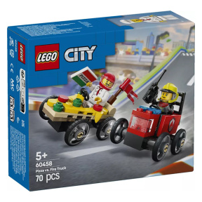 Constructor LEGO City Mașină de curse cu pizza vs camion de pompieri