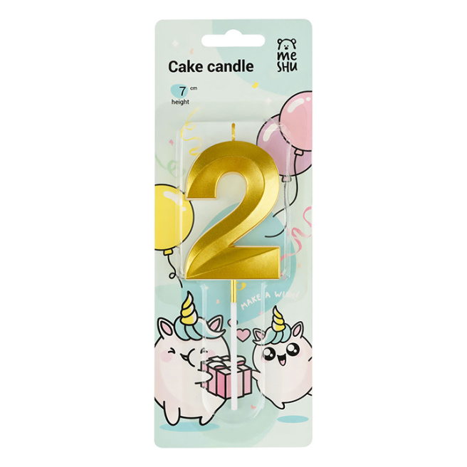 Lumânare pentru tort cu suport MESHU "Cifra 2", 7 cm, aurie