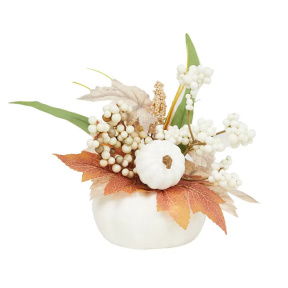 Compoziție decorativă cu dovleac și frunze, 28 cm, alb-auriu