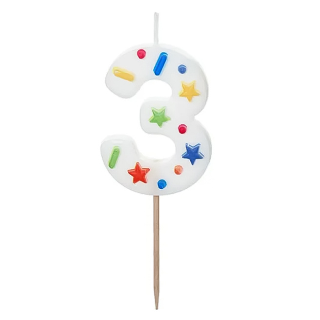 Lumânare pentru tort alb cu confetti 5.5 cm, Cifra 3