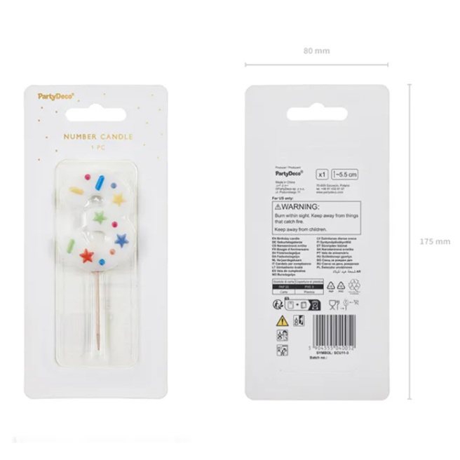 Lumânare pentru tort alb cu confetti 5.5 cm, Cifra 3