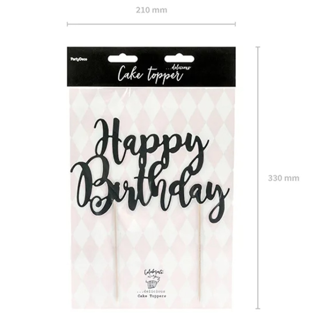 Toper pentru tort Happy Birthday, negru, 22,5 cm