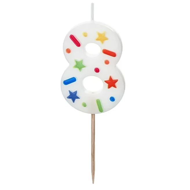 Lumânare pentru tort alb cu confetti 5.5 cm, Cifra 8