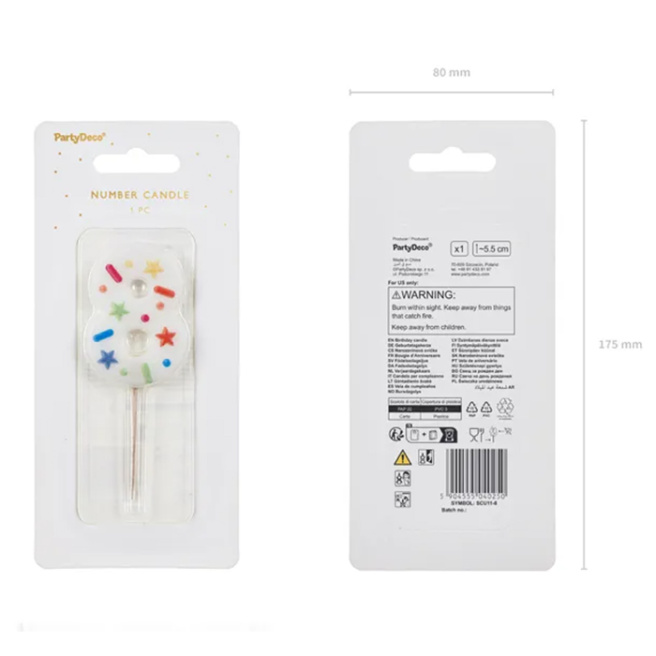 Lumânare pentru tort alb cu confetti 5.5 cm, Cifra 8