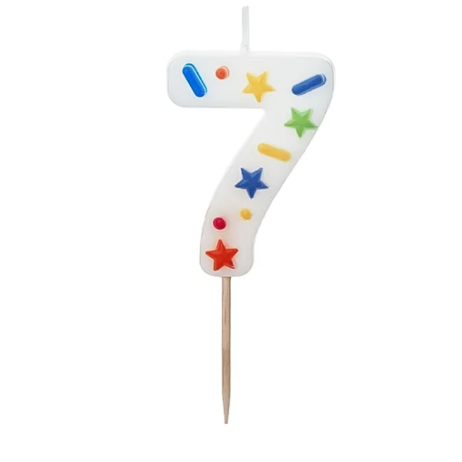 Lumânare pentru tort alb cu confetti 5.5 cm, Cifra 7