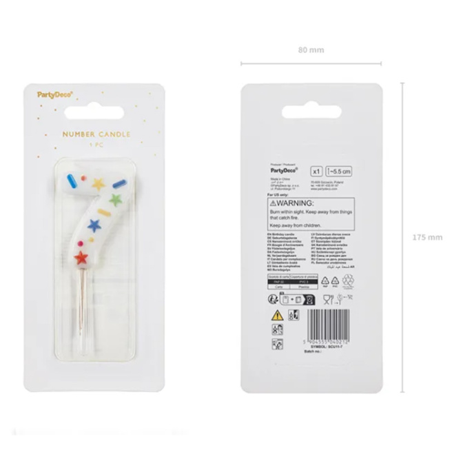 Lumânare pentru tort alb cu confetti 5.5 cm, Cifra 7
