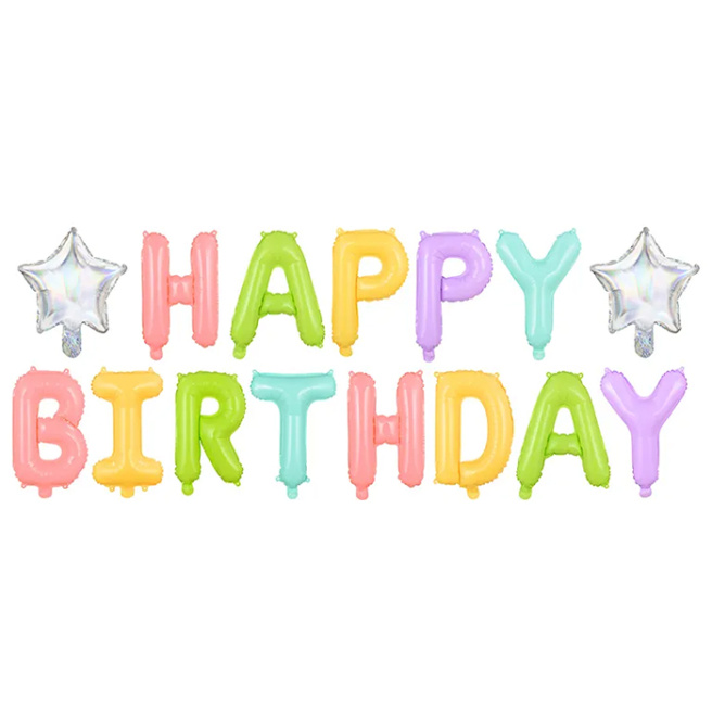 Balon folie figurină "HAPPY BIRTHDAY" mix de culori cu două steluțe 395 x 35 cm (155.5 x 14)