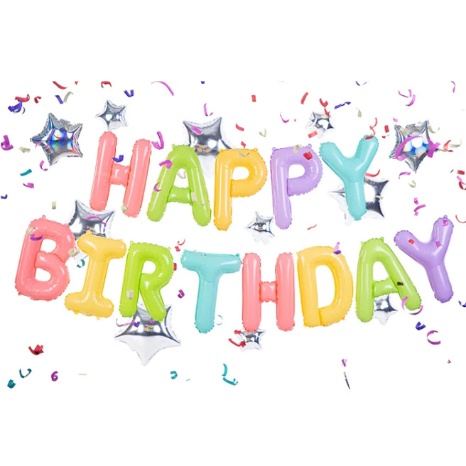 Balon folie figurină "HAPPY BIRTHDAY" mix de culori cu două steluțe 395 x 35 cm (155.5 x 14)