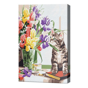 Котенок и букет цветов, 20x30 см, картина по номерам