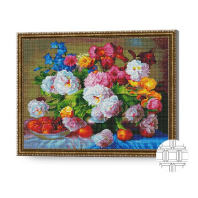 Роскошный букет пионов и ирисов, 40x50 см, алмазная мозаика квадратная