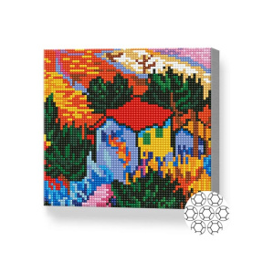 Casă aprinsă dintre câmpuri, 20x20 cm, mozaic cu diamante