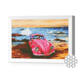 Розовый автомобиль у моря, 20x30 см, алмазная мозаика