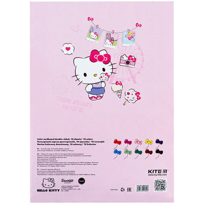 Набор цветного картона А4 2-стор Kite Hello Kitty, 10 листов 10 цветов, 190 г/м2
