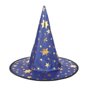 Halloween, Pălărie de vrăjitoare, albastră cu stele aurii, 37 cm