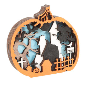 Halloween, Decorațiune din lemn, dovleac decupat, 16 cm