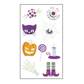 Halloween, Tatuaje fosforescente, pantofi de vrăjitoare, dovleci, fantome și pânză de păianjen