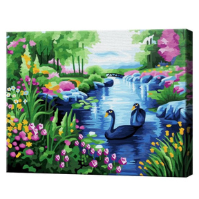 Pădurea înflorită și lacul, 30x40 cm, pictură pe numere