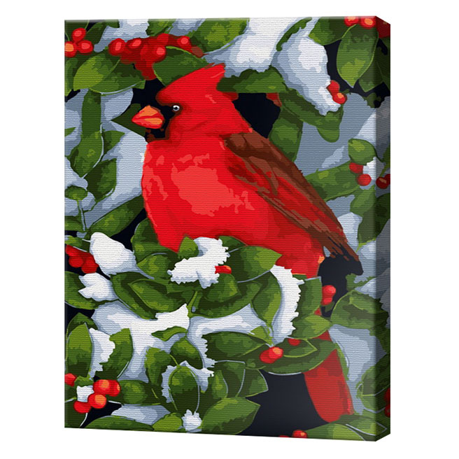 Cardinal roșu pe o crenguță de scoruș, 30x40 cm, pictură pe numere