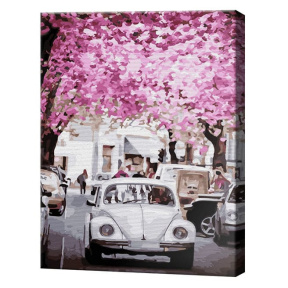 Цветущие деревья и белый автомобиль, 40x50 см, картина по номерам