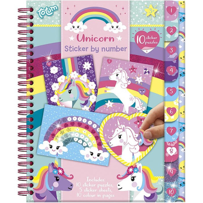 Unicorn Carte de activitati cu autocolante pe numere, 10 puzzle-uri, 5 coli, 10 pagini de colorat