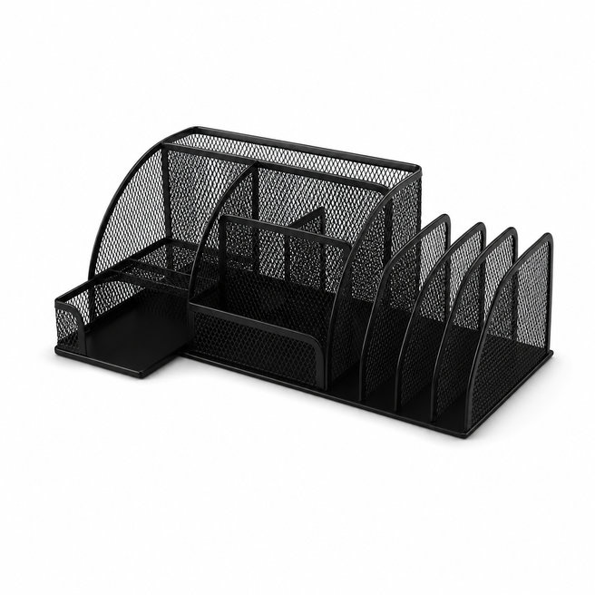 Organizator de birou din plasă, cu 7 compartimente și tavă verticală, metalic