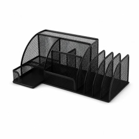 Organizator de birou din plasă, cu 7 compartimente și tavă verticală, metalic