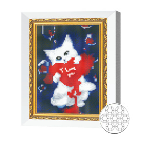 Mozaic cu diamante 20x30 cm Pisica alba cu o inima