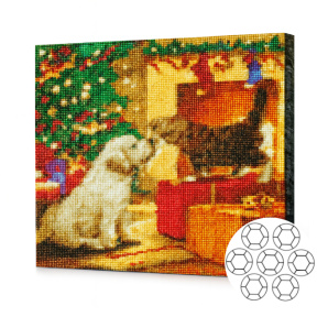 Щенок и котенок у елки.Алмазная мозаика 40x50 см