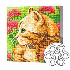 Pisoi brun printre flori, 20×20 cm, mozaic cu diamante