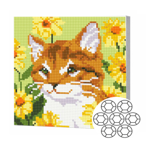 Mozaic cu diamante „Pisicuță roșcată printre flori”, 20×20 cm