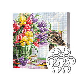 Mozaic cu diamante 20x20 cm Motanas si buchet de flori