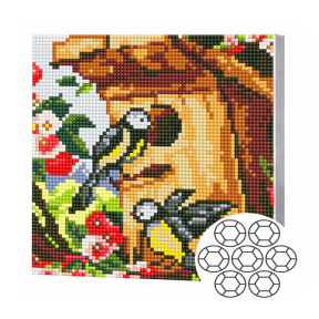 Mozaic cu diamante „Păsărele la căsuța de păsări”, 20×20 cm