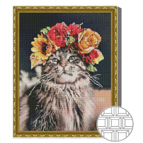 Mozaic cu diamante patrate 40x50 cm Pisicuta in coronita de flori