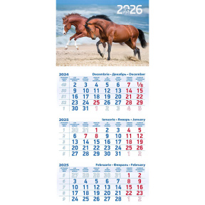 Calendar de perete anul 2026 în 3 secțiuni Cai alergând pe mal