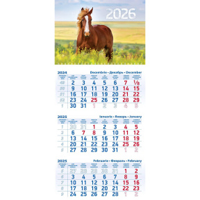 Calendar de perete anul 2026 în 3 secțiuni Cal în cîmpia verde