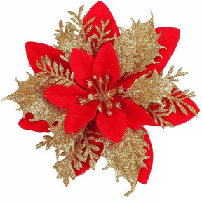 Anul Nou, Floare de Poinsettia, 13 cm, roșu cu petale aurii