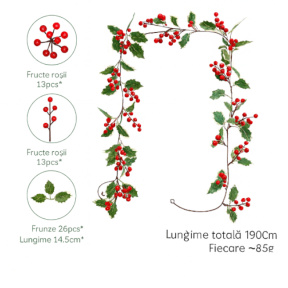 Новый Год. Декоративная гирлянда с красными ягодами и листями, 190 см