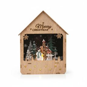 Anul Nou. Căsuța-lampă decorativă cu peisaj de iarnă și om de zăpadă