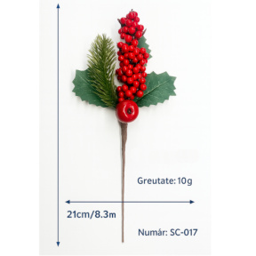 Creangă decorativă cu fructe de pădure roșii și frunze, 21*13 cm