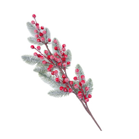 Creangă decorativă cu 5 ciorchini de fructe de pădure roșii și crengi de brad